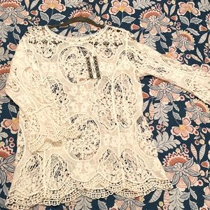 Ultra Pink Top | White Lace Crotchet Bell Sleeved Blouse | Size: Large | NWT